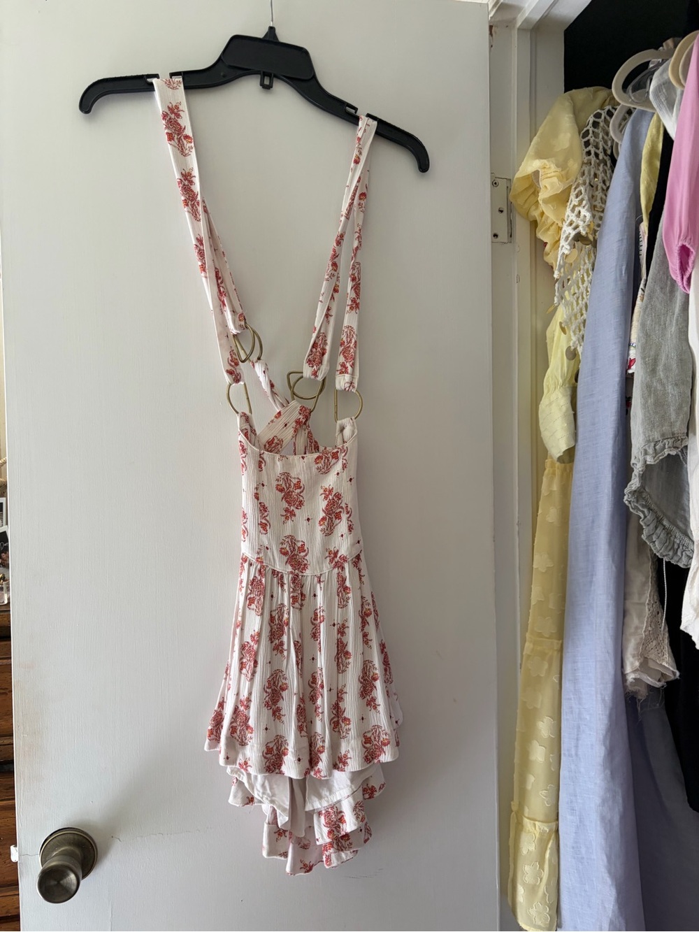 Free People White Mini Dress with Red Floral Print and Ring-Strap Details